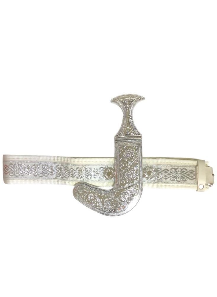 بريميم حزام خنجر جمبية فضي تقليدي عربي مع خنجر عربي وحزام – مقبض منحني مطلي بالفضة مع حزام بنقوش بارزة، إكسسوار زي ثقافي للرجال - Image 1